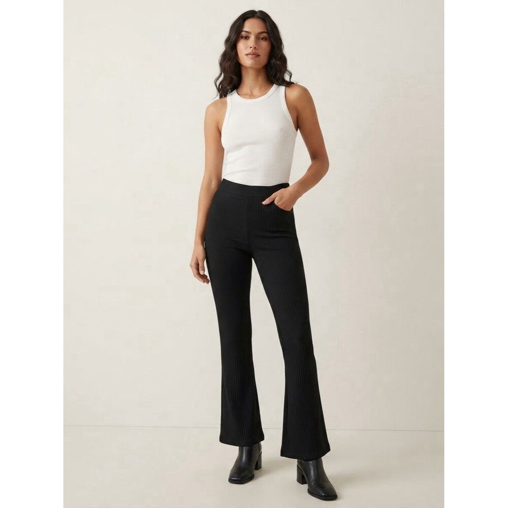 Missguided Black Ribbed Flare Pants Womenโs Size US 8 High Waisted Stretchy